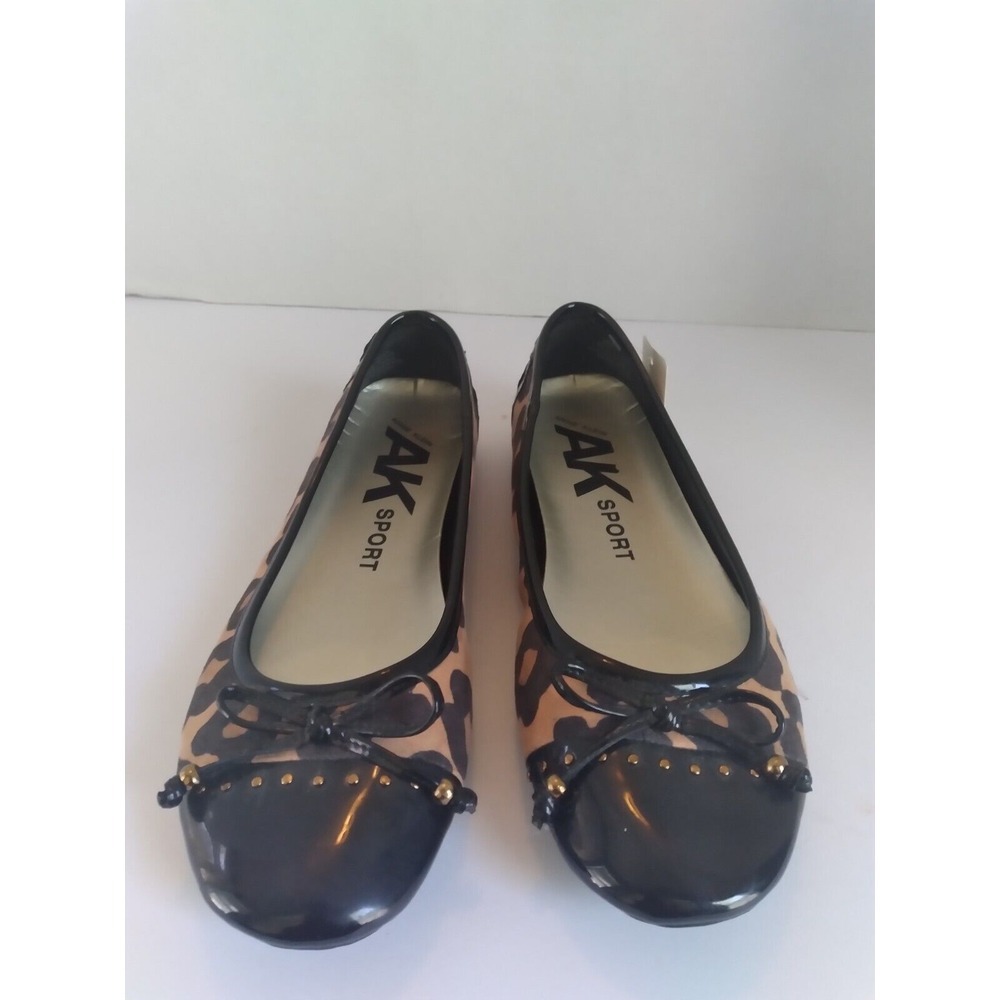 AK Sport Leopard Print Ballet Flats Black Patent Bow Detail Shoes